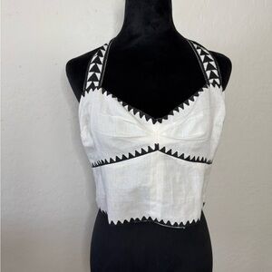 Mo Maya- Tara White Linen Crop Halter Top with Black Trim Detailing